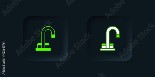 Green Water tap icon isolated on black background. Black square button. Vector