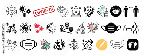 Set of Covid 19, Pandemic Prevention, Vaccination, Masks and Social Distancing icon set collection vector design.