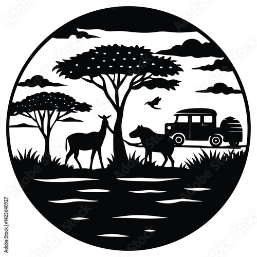 A silhouette of wild animals including deer appears in a nature vector illustration of a forest jungle landscape at sunset