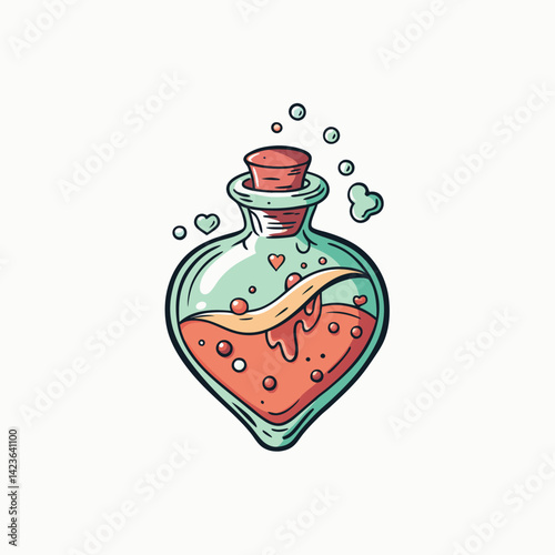 Heart shaped bottle with liquid. Hand drawn sketch style drawing vintage vector illustration