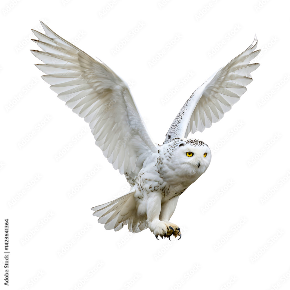 Fototapeta premium Snowy owl in flight isolated on transparent background