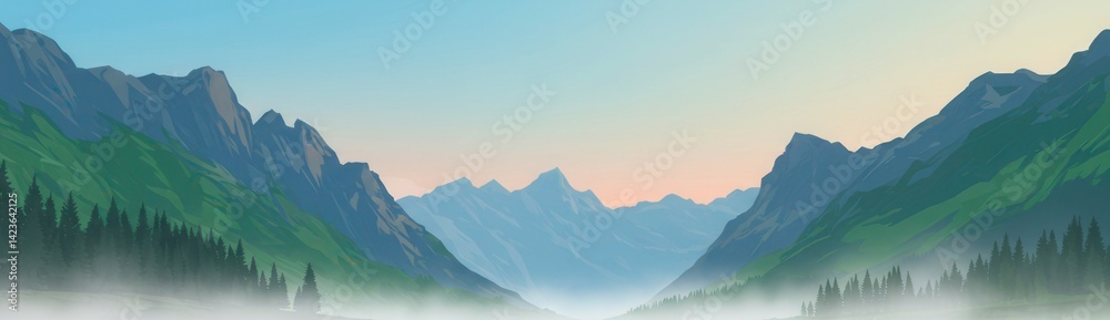 Obraz premium Morning fog settling in a mountain valley between two large green and gray mountains. A stunning panoramic view of a vast valley, ideal for hiking adventure and travel. Banner with copy space.