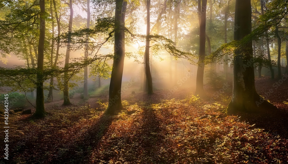 Obraz premium Golden sunlight filtering through misty forest at sunrise
