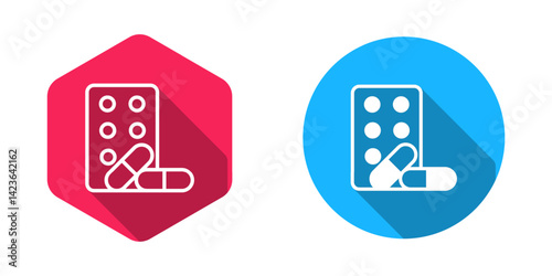 Filled and outline Sports doping, anabolic drugs with dumbbell icon isolated with long shadow background. Anabolic steroids tablet. Pills in jar. Vector
