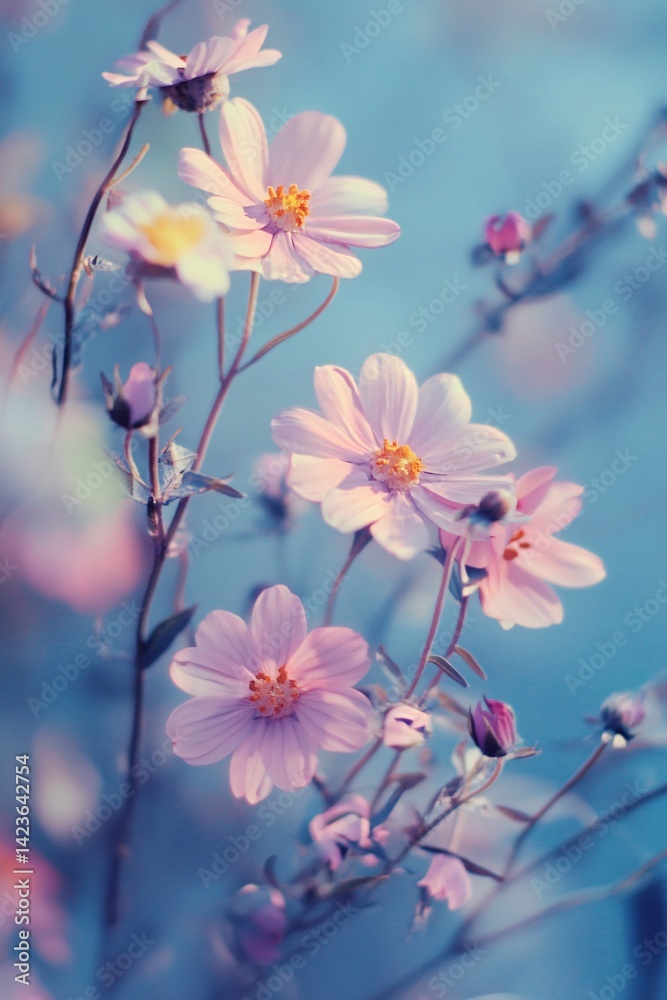 Obraz premium Delicate pink cosmos flowers blooming in a summer garden