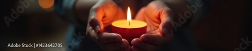 Two cupped hands gently hold a flickering candle flame , glow, dark
