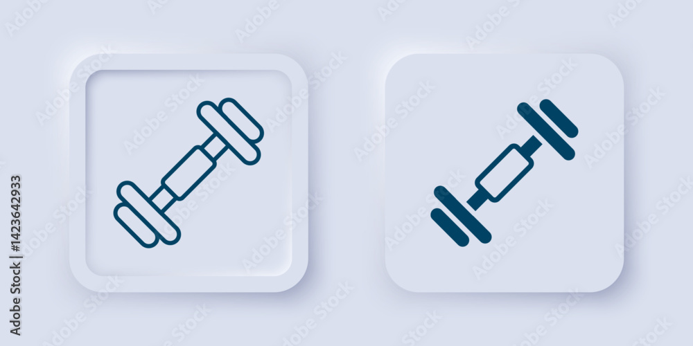 Filled and outline Dumbbell icon isolated on grey background. Muscle lifting, fitness barbell, sports equipment. Square button. Vector Filled and outline Dumbbell icon isolated on grey background. Muscle lifting, fitness barbell, sports equipment. Square button. Vector