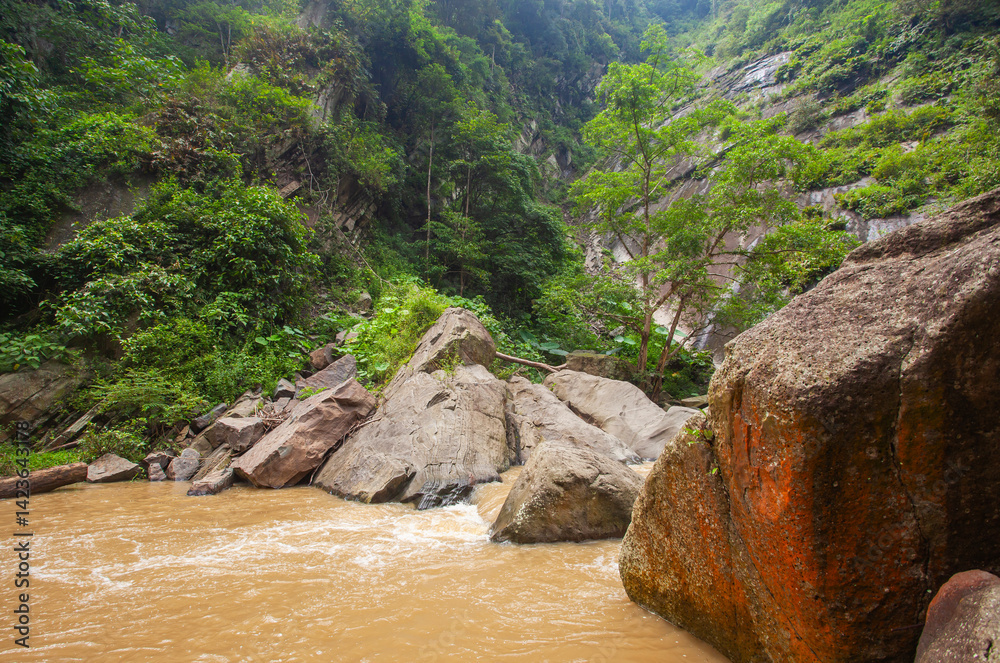 Sanghyang Heuleut, a tourist attraction on the Citarum River in West Bandung Regency, West Java, Indonesia. Tourists can trek in the hills to reach this location and swim at the location.