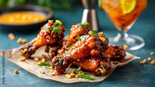Sweet chili wings with sticky glaze, chopped peanuts garnish, tropical cocktail in background