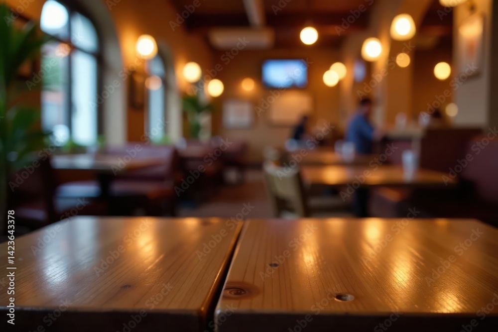 Warm wooden table against vibrant restaurant bokeh , grain, brown, warm Warm wooden table against vibrant restaurant bokeh , grain, brown, warm