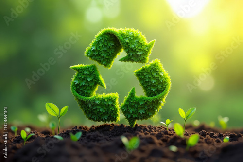 Lush green foliage forming a recycle symbol blooming in rich soil bathed in warm