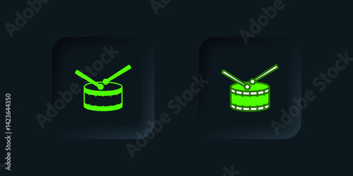 Green Drum with drum sticks icon isolated on black background. Music sign. Musical instrument symbol. Black square button. Vector