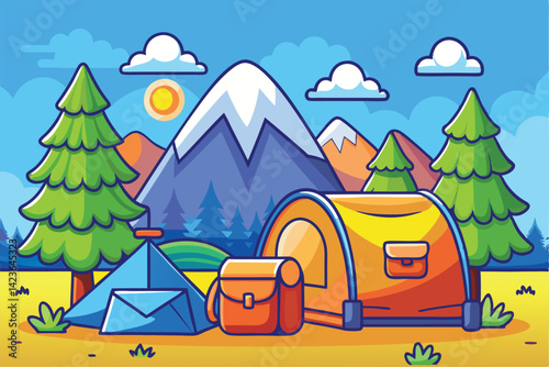 Colorful cartoon camping scene in a mountain landscape.