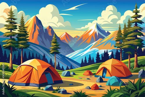 Colorful Mountain Camping Scene with Orange Tents