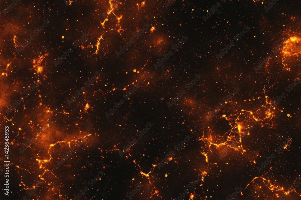 Abstract fiery space background with glowing veins. Intricate network of orange-gold streaks against a dark backdrop, speckled with tiny golden particles. Abstract fiery space background with glowing veins. Intricate network of orange-gold streaks against a dark backdrop, speckled with tiny golden particles.