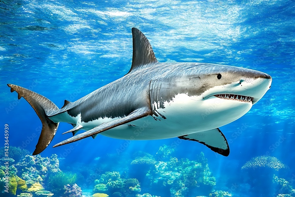 Fototapeta premium Majestic great white shark in the ocean depths.