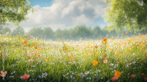 A vast field stretches out, bursting with a vibrant tapestry of wildflowers in every shade of the rainbow.