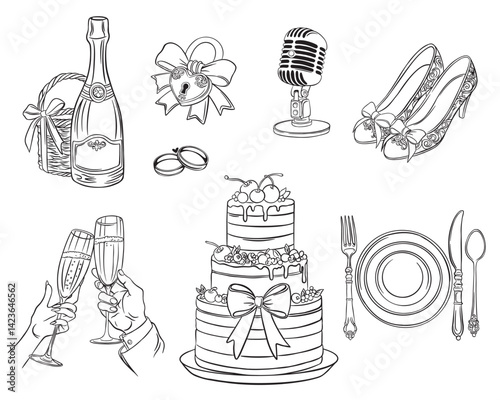 Wedding set of doodles, icons. Wedding marriage themed objects icons. Vector illustration include icon - rings, cake, microphone, glasses, champagne, shoes ceremony