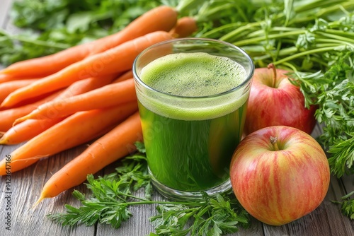 Fresh green juice with carrots and apples photo