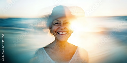 smiling senior woman in white is wearing a sunhat on the beach. Happy vacation concept