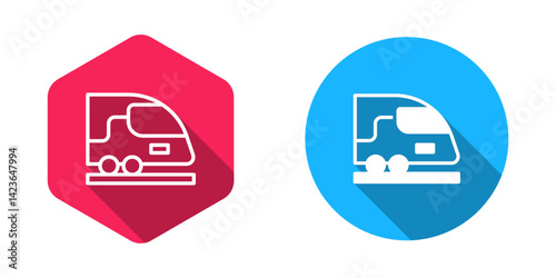 Filled and outline High-speed train icon isolated with long shadow background. Railroad travel and railway tourism. Subway or metro streamlined fast train transport. Vector