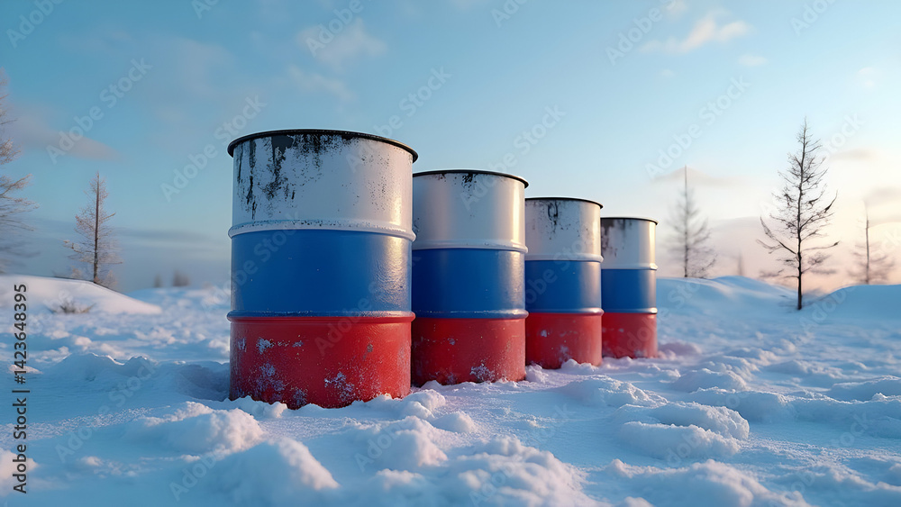 Obraz premium Upstream and Downstream Analytics: Russian Oil Barrels With Sector Data Visualization