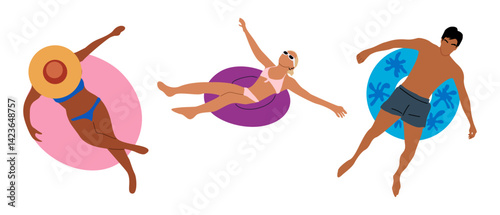 Flat vector illustration of family — father, mother and daughter — floating in rubber rings. Top view, wearing swimsuits. Isolated on transparent background, fun summer scene