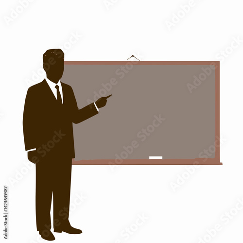 A brown silhouette of a teacher or presenter in a suit, pointing towards a blank chalkboard with chalk and an eraser on the ledge.
