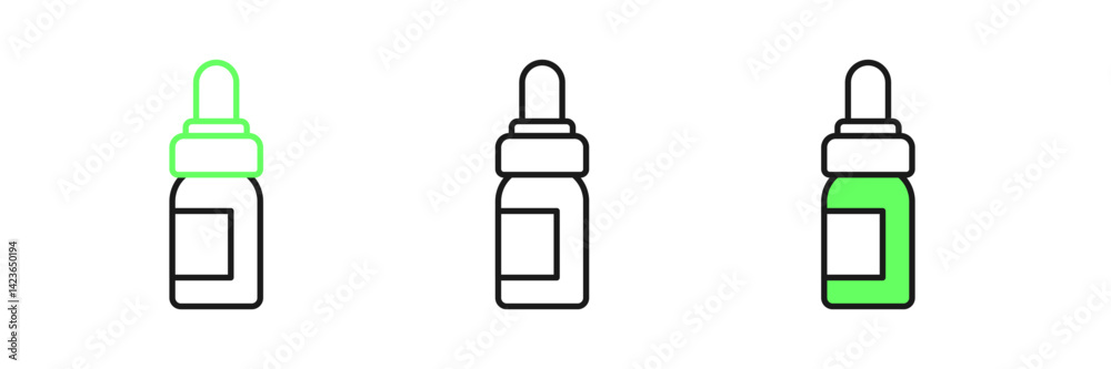 Set line Essential oil bottle icon isolated on white background. Organic aromatherapy essence. Skin care serum glass drop package. Vector Set line Essential oil bottle icon isolated on white background. Organic aromatherapy essence. Skin care serum glass drop package. Vector