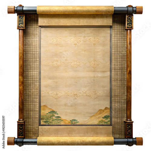 Paleography-style frame of an old Japan scroll isolated on transparent background