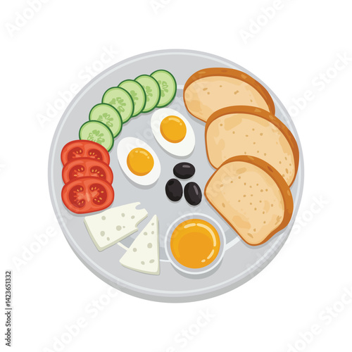 Delicious turkish breakfast platter with eggs cheese olives and fresh vegetables