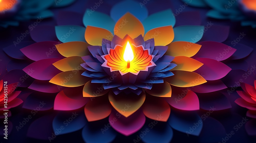 A paper-cut animation frame showing Diwali diyas flickering in perfect sync above a glowing radial Rangoli, multicolored layered paper design in magenta, yellow and blue, viewed from a high angle. A paper-cut animation frame showing Diwali diyas flickering in perfect sync above a glowing radial Rangoli, multicolored layered paper design in magenta, yellow and blue, viewed from a high angle.
