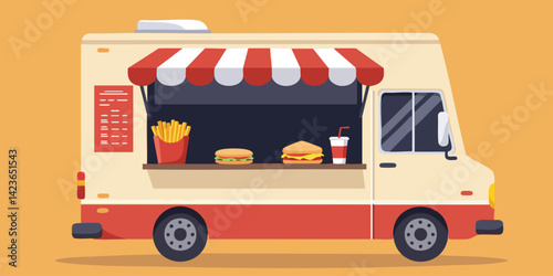 Food truck vector illustration serving burgers fries and drinks fast food concept