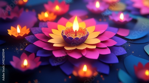 A paper-cut animation frame showing Diwali diyas flickering in perfect sync above a glowing radial Rangoli, multicolored layered paper design in magenta, yellow and blue, viewed from a high angle.