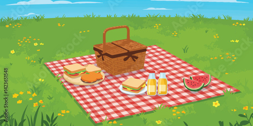 Cartoon picnic scene with basket sandwiches watermelon and juice summer outing