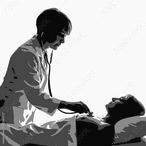 A grayscale silhouette shows a doctor in a white coat using a stethoscope to examine a patient lying on a bed against a bright background.
