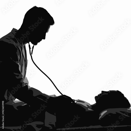 A grayscale silhouette depicts a doctor in a white coat using a stethoscope to examine a patient lying on a bed against a bright background.
