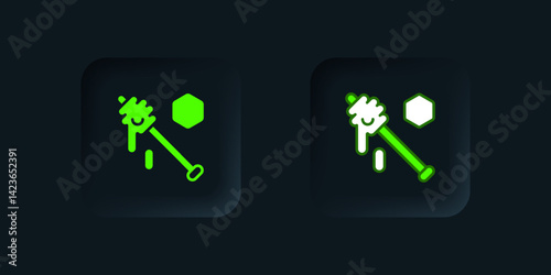 Green Honey dipper stick icon isolated on black background. Honey ladle. Black square button. Vector
