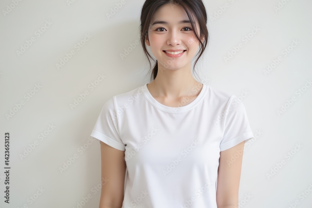 Portrait of Happy Young Asian Woman in White T-Shirt Smiling Against White Background Portrait of Happy Young Asian Woman in White T-Shirt Smiling Against White Background