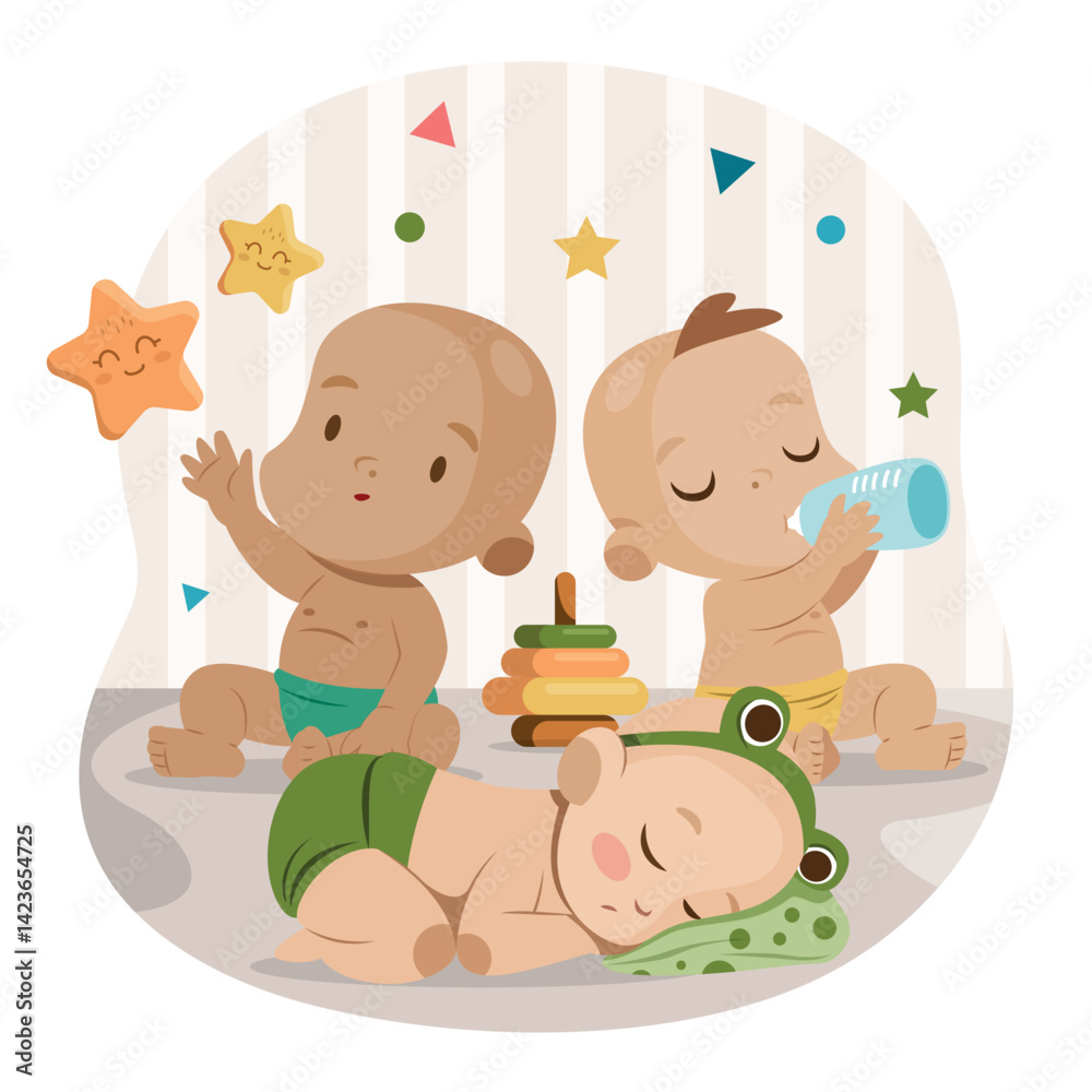 Flat Cute Three Little Babies Illustration Flat Cute Three Little Babies Illustration