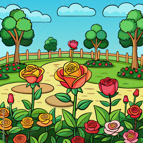 Vibrant Rose Garden Landscape with Blooming Flowers
