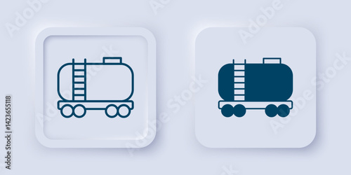 Filled and outline Oil railway cistern icon isolated on grey background. Train oil tank on railway car. Rail freight. Oil industry. Square button. Vector