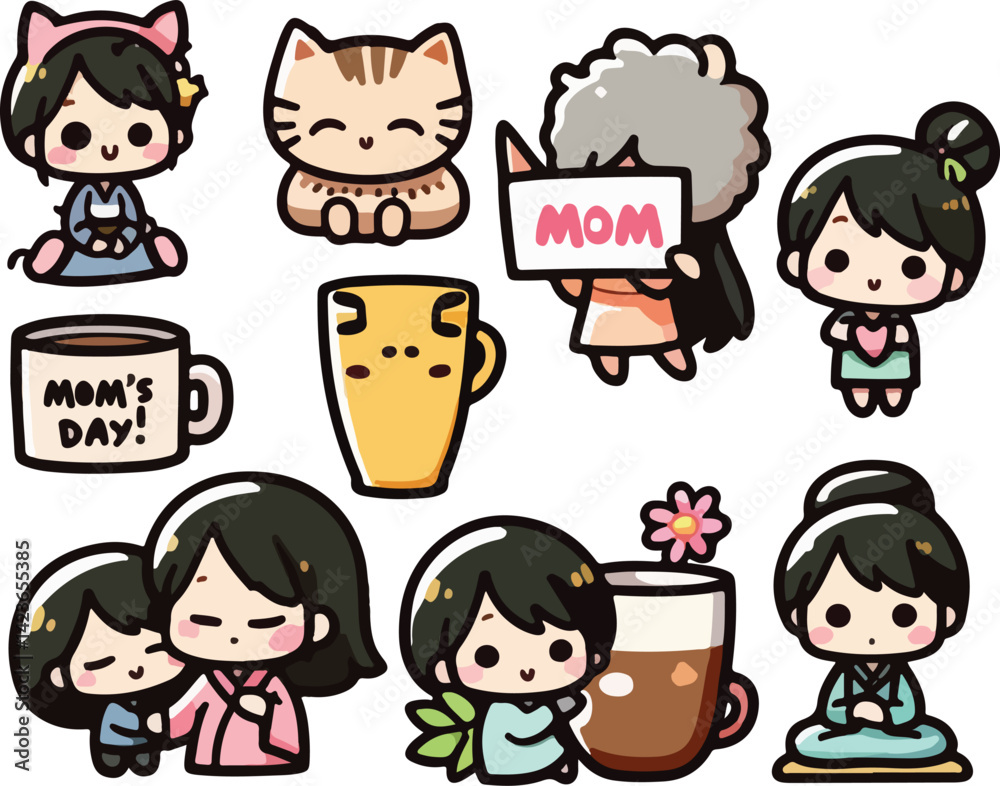 Cute Kawaii Mothers Day Stickers. Adorable Mom Day Elements. Cartoon Illustration Cute Kawaii Mothers Day Stickers. Adorable Mom Day Elements. Cartoon Illustration