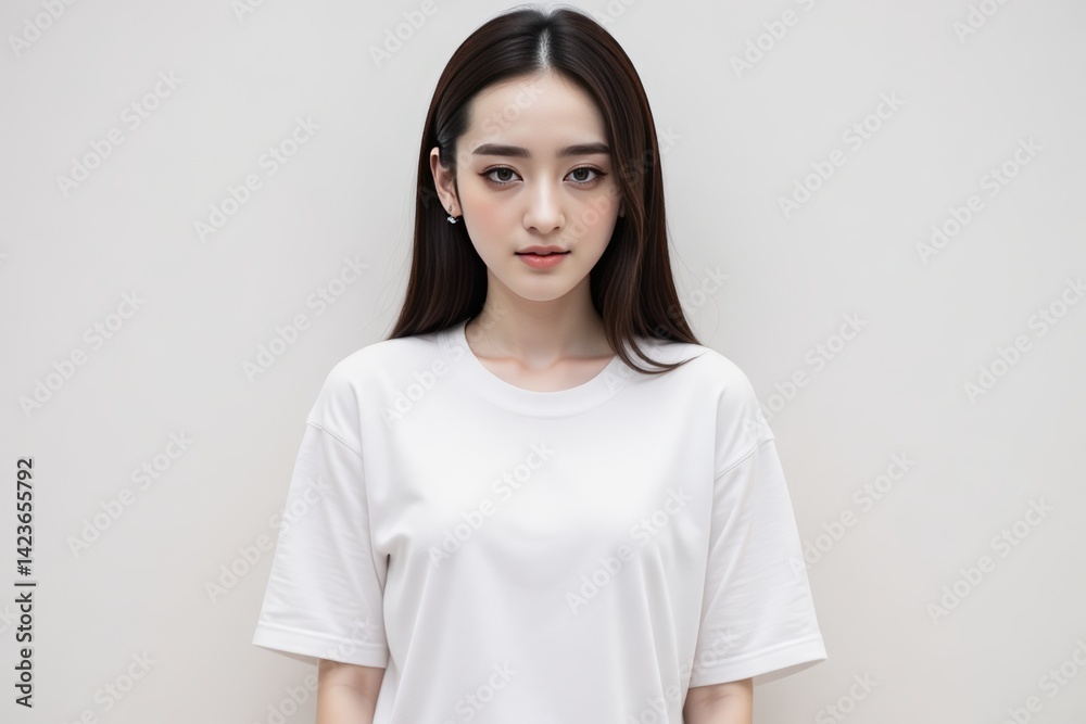 Beautiful Asian Woman in White T-Shirt Posing Against a Clean Background Beautiful Asian Woman in White T-Shirt Posing Against a Clean Background