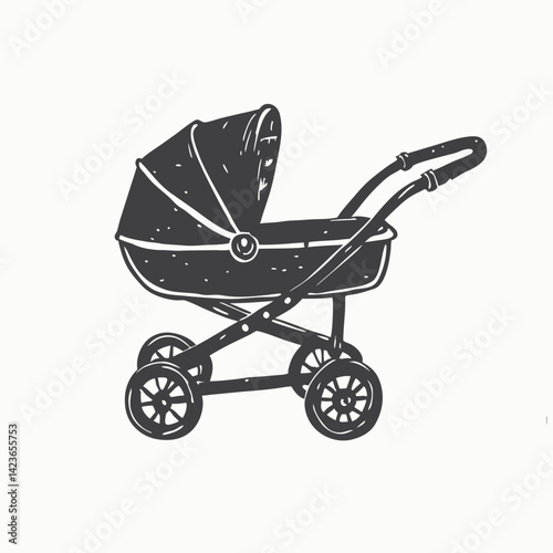 Black silhouette Baby Stroller vector icon.Cartoon vector icon isolated on white background