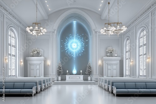 Futuristic church sanctuary with Holy Spirit fire as floating holographic presence