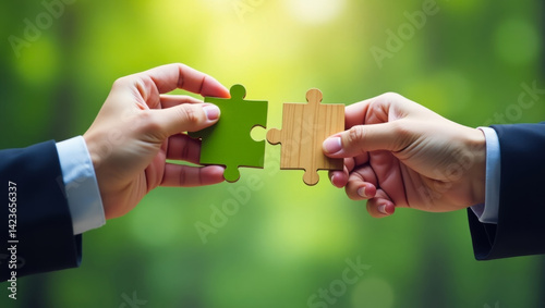 Two hands connecting green and wood puzzle pieces signifying collaboration partnership