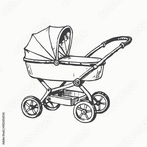 Boy baby shower design, baby stroller vector cartoon illustration isolated on white background