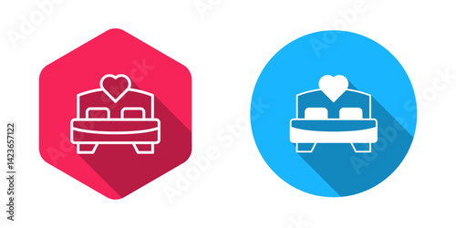 Filled and outline Bedroom icon isolated with long shadow background. Wedding, love, marriage symbol. Bedroom creative icon from honeymoon collection. Vector
