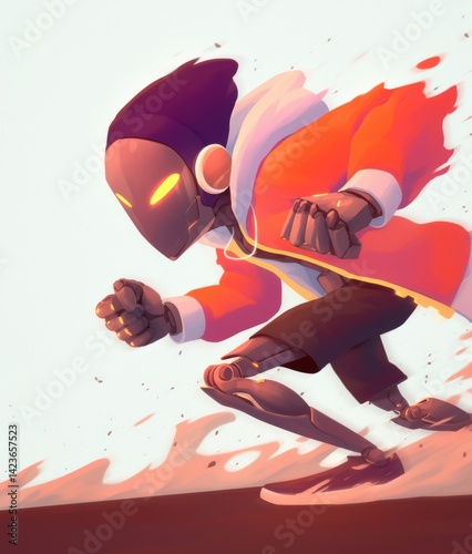 Robot track star wearing headphones and black shorts and, gold chains, in action track and field background orange theme